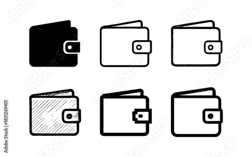 Set of wallet icons in different styles: silhouette, outline, hand-drawn, minimalist