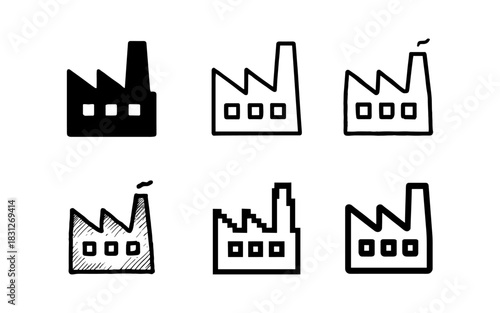 Factory icons set: outline, hand drawn, and minimalist styles