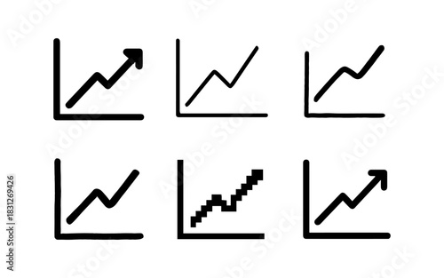 Set of trending upward graph icons in various styles for data presentation
