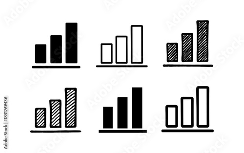 Hand-drawn bar graph icon set: six variations in black and white