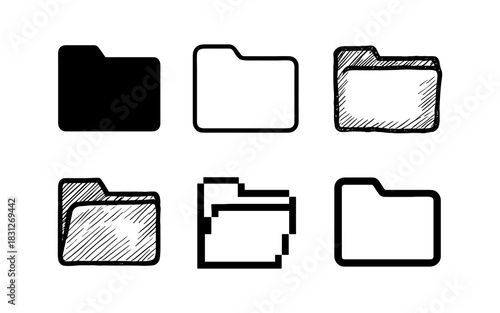 Set of file folder icons in various styles including sketch and outline variations