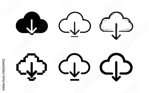 Diverse cloud download icons in minimalist, hand-drawn, and pixel styles for digital interfaces