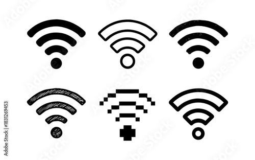 Diverse wifi icons set: hand drawn and pixel art styles for connectivity design