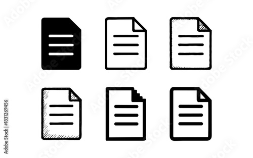 Set of document icons: diverse hand-drawn and simple black and white paper symbols