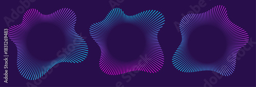 Sound equalizer icons with lines, gradient neon circular sound wave frames, abstract radial music icons. Audio beat symbol concept isolated on dark background. Vector illustration.