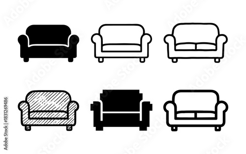 Variety of sofa designs: silhouette, outline, and sketch styles
