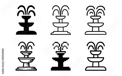 Set of fountain icons in various art styles