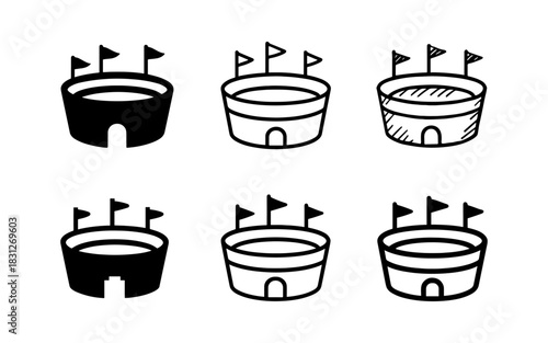 Minimalist monochrome stadium icon set with flags in different styles