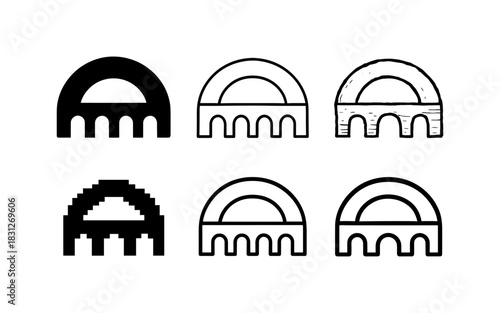 Roman aqueduct icons set in various artistic styles