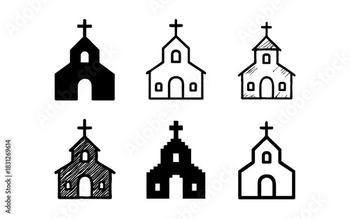 Set of six minimalistic church icons in black and white linear style