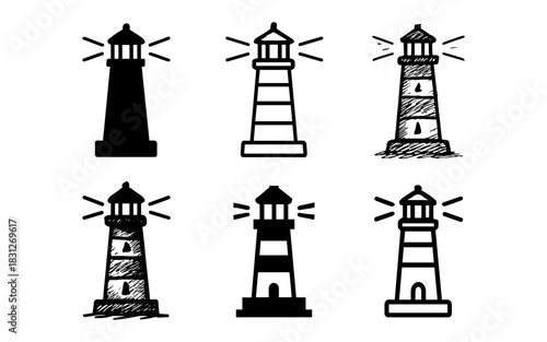 Set of six lighthouse icons in various styles