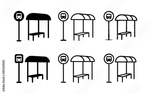 Minimalist bus stop designs in various styles and perspectives