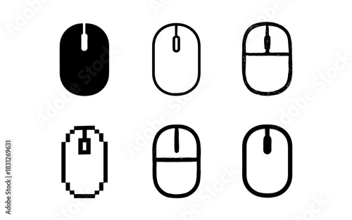 Set of computer mouse icons in various styles: silhouette, sketch, pixel art