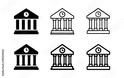 Simple banking building icons with clock in black and white variations