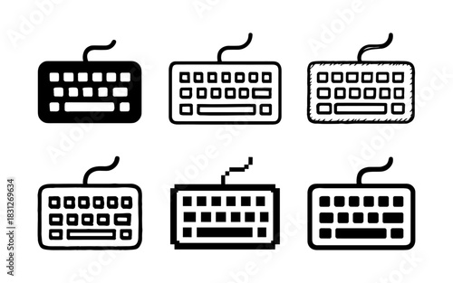 Set of keyboard icons in various styles: pixel, sketch, outline, simple, graphic elements