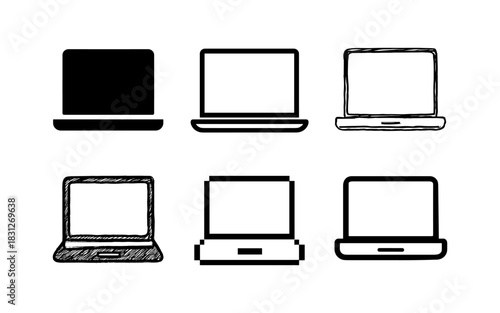 Different styles of laptop designs: silhouette, sketch, and pixel art