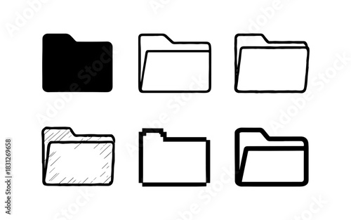 Set of folder icons in various styles: silhouette, outline, doodle, minimalist