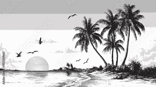 Serene tropical beach sunset landscape illustration with palm trees, birds, and tranquil ocean waves in monochrome