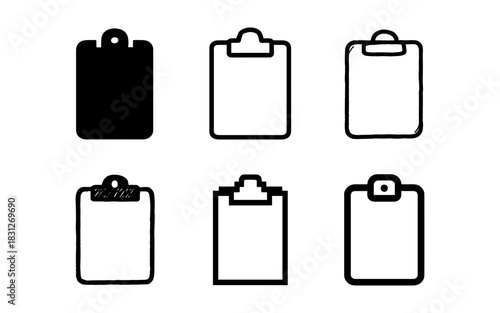 Minimalist black and white clipboard icon set with diverse styles