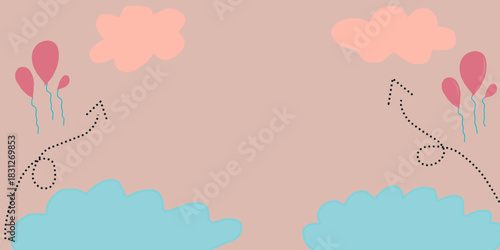 Pink background with sky and balloon decorations. Arrows with dotted lines. Premium wallpaper style for your design needs.