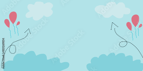Blue background with sky and balloon decoration. Arrow with dotted line. Premium wallpaper style for design needs.