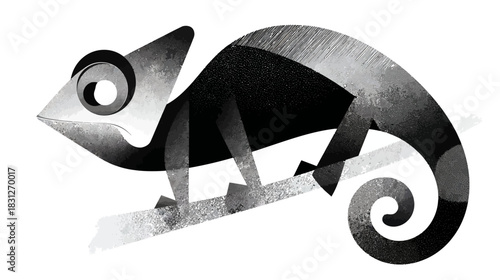 Stylized grayscale chameleon illustration perched on a branch, abstract monochrome reptile graphic art