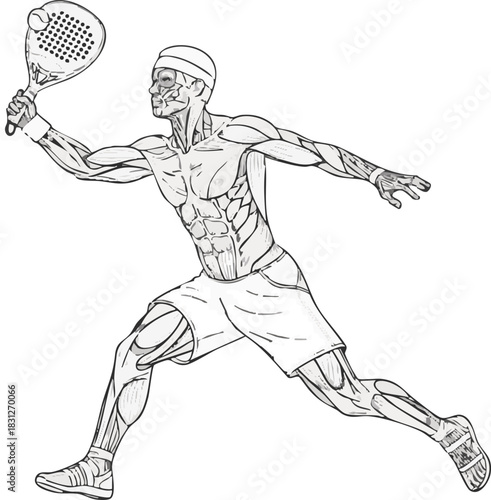 An anatomical illustration of a male padel player in a dynamic lunge, revealing the muscular system while playing.