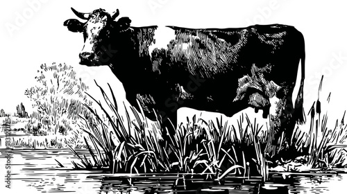 Vintage Black and White Engraving of a Domestic Cow Standing in Shallow Water with Reeds, Rural Farm Animal Illustration