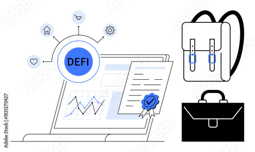 Laptop displaying growth chart, certificate with ribbon seal, icons linking decentralized finance, backpack, briefcase. Ideal for technology, education, finance, innovative solutions blockchain