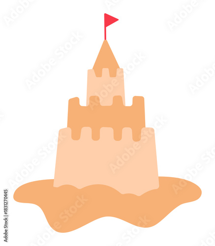 Cute sandcastle with red flag sticker flat vector illustration for beach play and kids activity