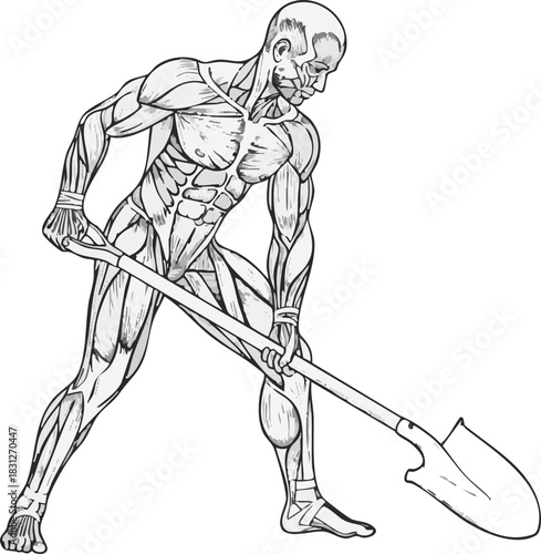 Anatomical illustration of a muscular male écorché figure digging with a shovel, showing detailed human musculature in action.