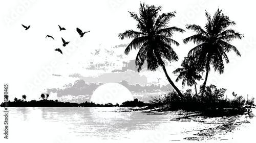 Tropical beach sunset or sunrise vector silhouette illustration with palm trees, flying birds, and ocean reflection.