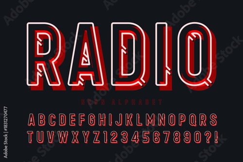 Retro bright light alphabet design, cabaret, neon Broadway lamps letters and numbers.