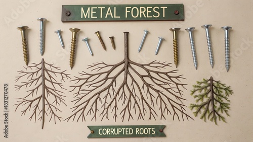 Artistic Representation of Tree Roots with Nails and Corrupted Elements