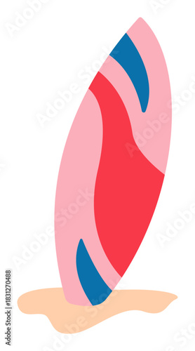 Cute red surfboard sticker flat vector illustration for summer holiday or surfing sport design