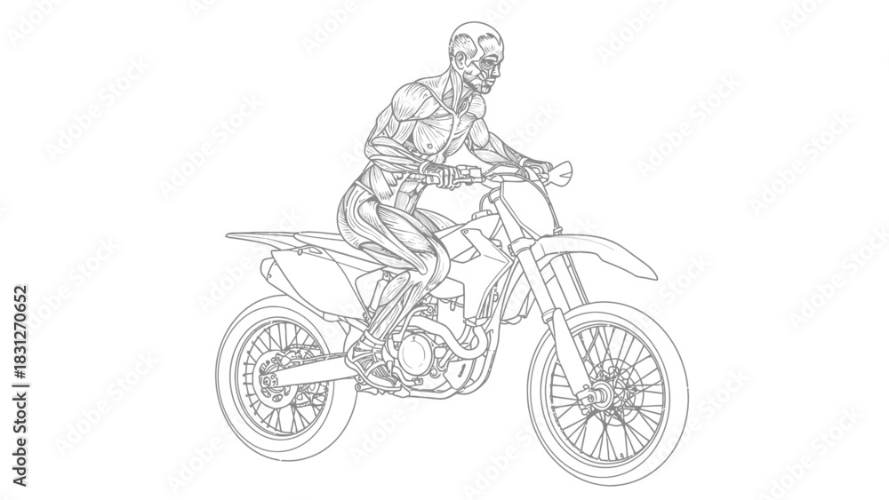 Obraz premium A black and white line art illustration of a muscular, zombie-like figure with exposed anatomy riding a modern motocross dirt bike.