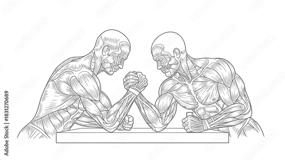 Fototapeta premium Anatomical illustration of two muscular figures with exposed muscles engaged in an arm wrestling match.