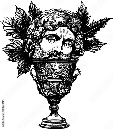 Vintage Engraved Mythical Head in Ornate Wine Goblet Vector, Classical Dionysian Art, Antique Etching Illustration