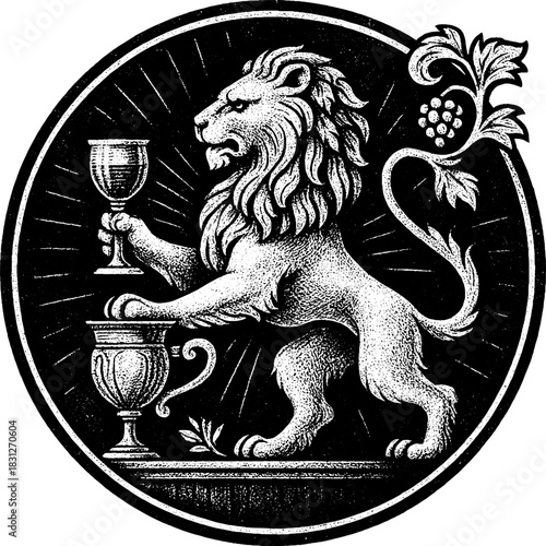 Engraved Lion Wine Emblem Vector, Vintage Heraldic Winery Logo, Classical Premium Symbol Design