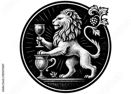 Engraved Lion Wine Emblem Vector, Vintage Heraldic Winery Logo, Classical Premium Symbol Design