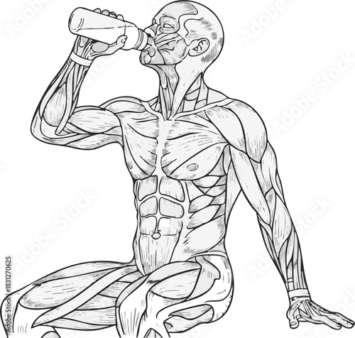Anatomical illustration of a muscular man resting and drinking from a bottle, showing the human muscular system.