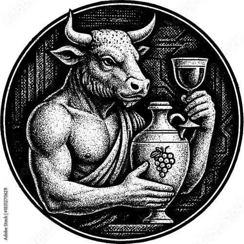 Engraved Minotaur Wine Emblem Vector, Mythical Bull God with Cup and Amphora, Vintage Winery Logo Design