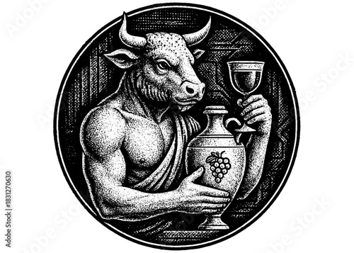 Engraved Minotaur Wine Emblem Vector, Mythical Bull God with Cup and Amphora, Vintage Winery Logo Design