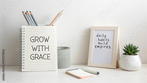Tidy Desk Scene with Inspirational Notes for Productive Workspace