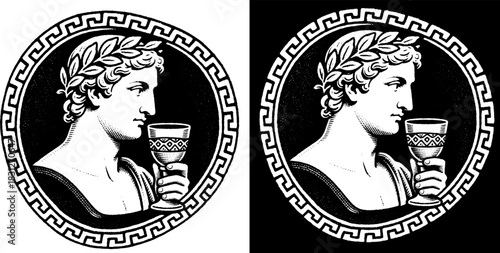 Dionysus Wine God Vector Emblem, Classical Greek Engraving Logo, Bacchus Drinking Cup Symbol Design