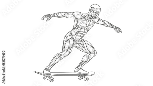 A detailed anatomical illustration of a human écorché figure revealing the muscle system while skateboarding.