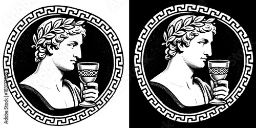 Dionysus Wine God Vector Emblem, Classical Greek Engraving Logo, Bacchus Drinking Cup Symbol Design