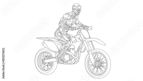 A black and white line art illustration of a muscular, zombie-like figure with exposed anatomy riding a modern motocross dirt bike.