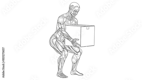 Anatomical illustration of the human muscular system correctly lifting a heavy cardboard box from a squatting position.