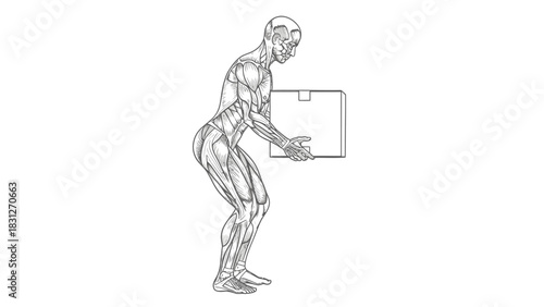 Anatomical illustration of human musculature demonstrating the correct technique for lifting a heavy box.